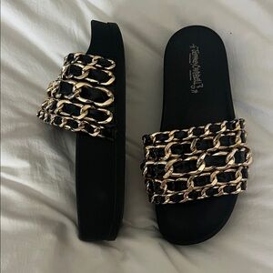 Jeffrey Campbell Black Slide Sandals with Gold Chain Straps
